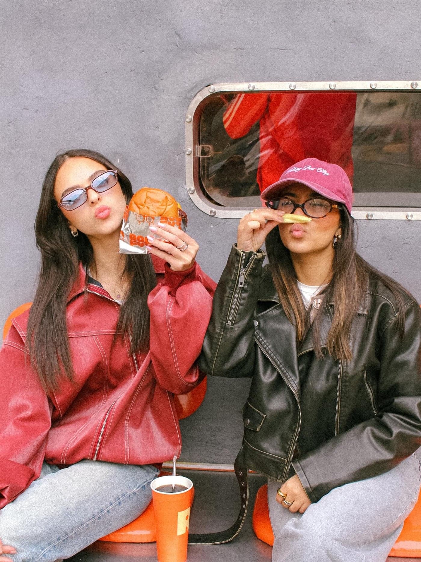 Enjoying burgers by the Roufy's trailer